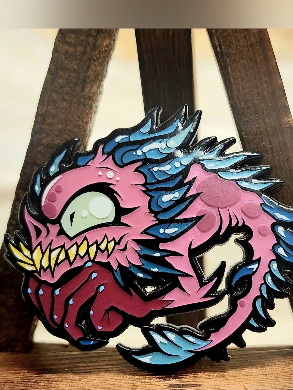 Emi Monster Art Enamel Pin Limited Edition 21/55 Pink And Blue Fish Creature